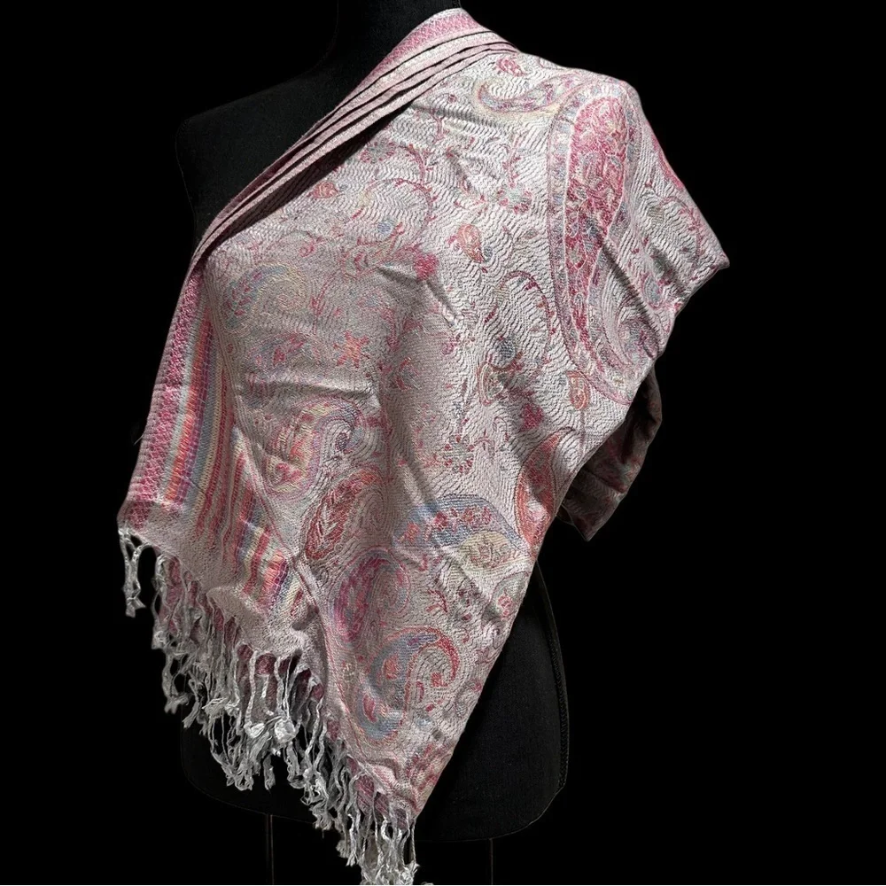 Elegant Shawl in Silver & Pink Paisley- Versatile Wrap, Scarf, Veil Soft Rayon